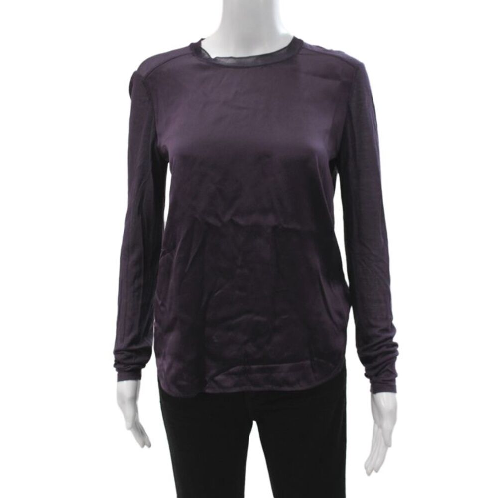 Vince Women Silk Long Sleeve Crew Neck Basic Blouse Purple Size XS